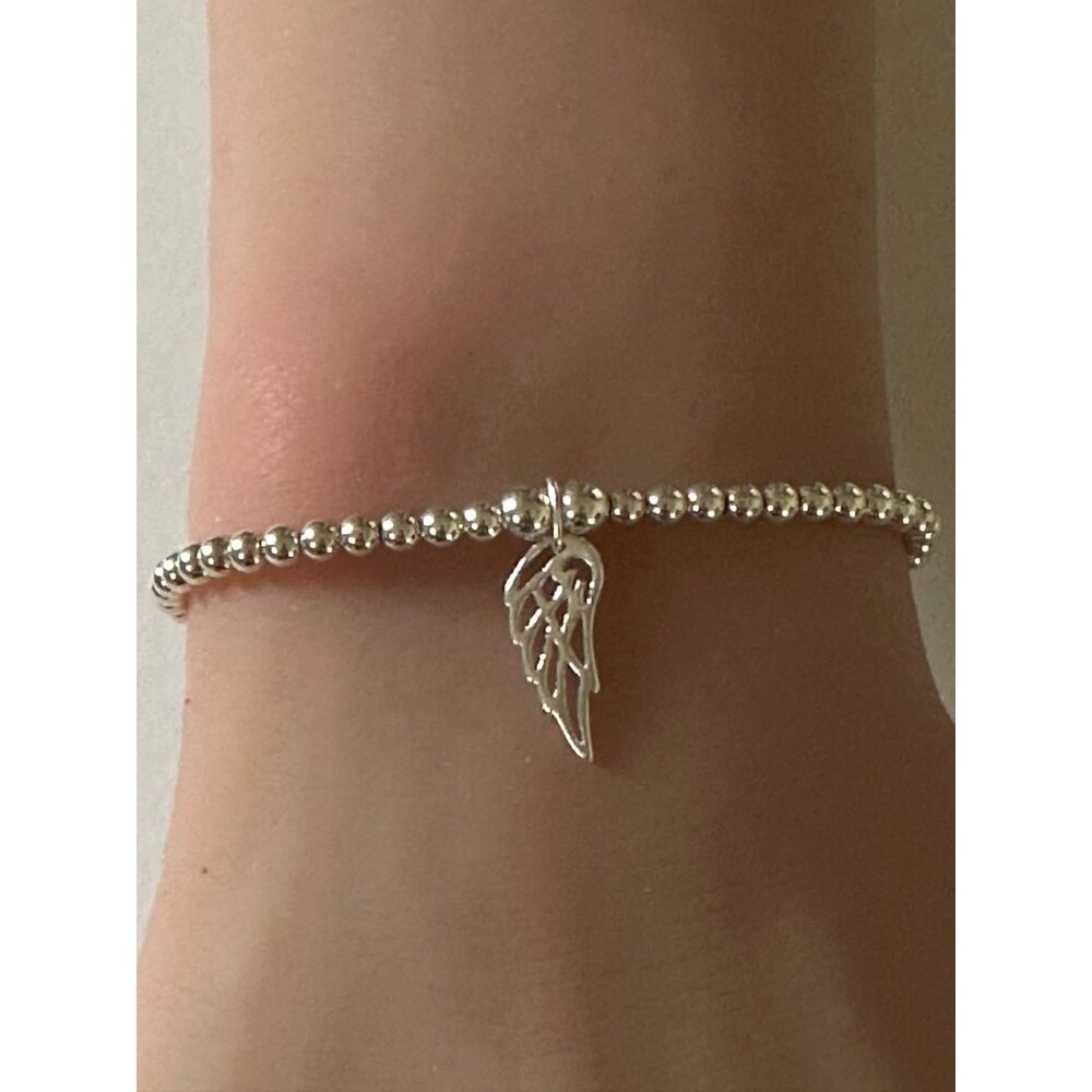 925 Sterling Silver Beaded Stretch Stacking Bracelet Wing Charm Minimalist S7" - Picture 5 of 6